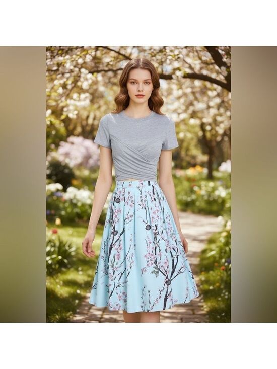 Camisa Dresses & Skirts - Camisa Gray Twist Front Bow Back Crewneck Top Blue Floral Midi Skirt XL